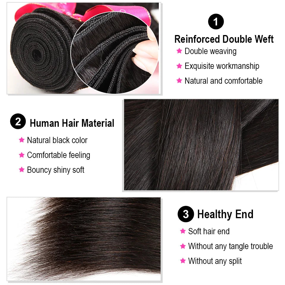 100% Human Hair Bundles With 4x4 Lace Closure Brazilian Straight Hair Weave 3 Bundles Hair Extension