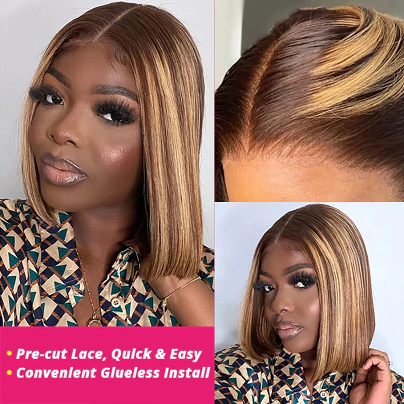 Highlight Wig Wear And Go -  Pre Cut Pre Plucked Glueless Wig Human Hair 6x4 Colored Ombre 4/27 Straight Bob