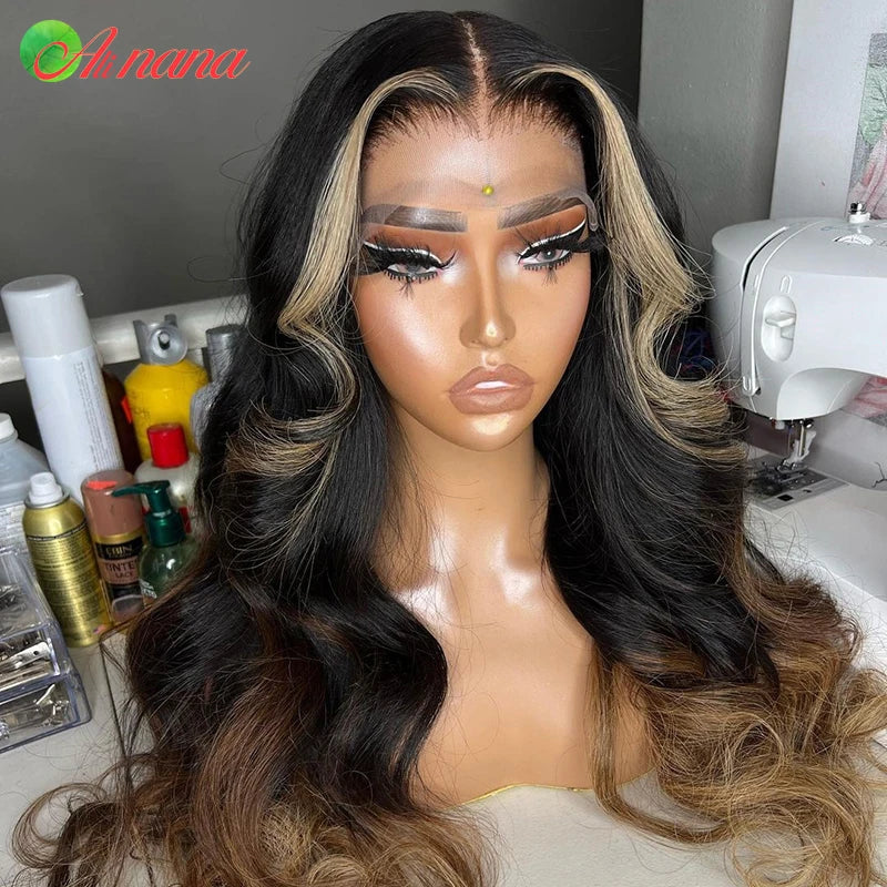 30" Ombre Brown Body Wave Human Hair Wig with 13x6 Lace Frontal and 5x5 Highlight Brown Transparent Lace Closure for Women