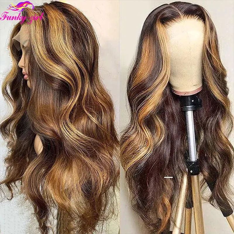 Highlight Body Wave Wig Human Hair Lace Wigs 4/27 Honey Blonde Body Wavy T Part Lace Human Hair Wig For Women Brazilian Remy Wig