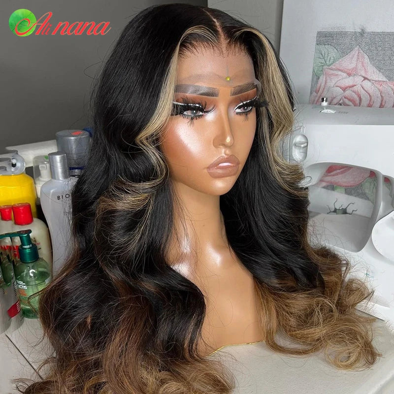 30" Ombre Brown Body Wave Human Hair Wig with 13x6 Lace Frontal and 5x5 Highlight Brown Transparent Lace Closure for Women