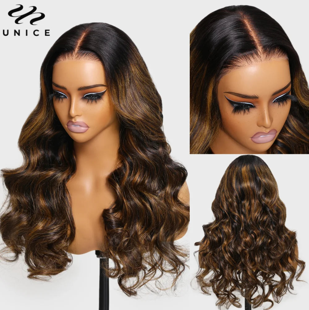 UNice Hair 7x5 Bye Bye Knots Wear & Go Glueless Wig - Brown Balayage Body Wave - Pre-Cut & Pre-Bleached Human Hair Lace Wig - 150% Density