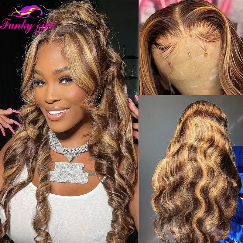 Highlight Body Wave Wig Human Hair Lace Wigs 4/27 Honey Blonde Body Wavy T Part Lace Human Hair Wig For Women Brazilian Remy Wig