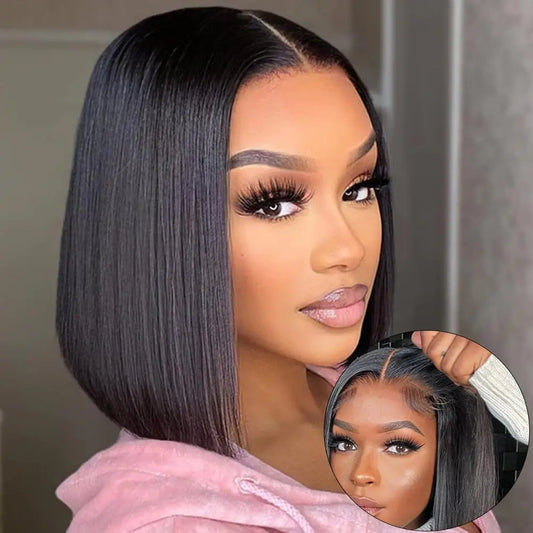 Wear And Go Glueless Wigs Human Hair Bob Straight Pre Cut Lace Front Wigs Human Hair Upgraded No Glue Lace Front Wigs For Women