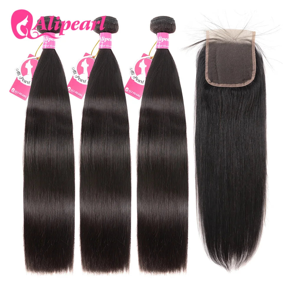 100% Human Hair Bundles With 4x4 Lace Closure Brazilian Straight Hair Weave 3 Bundles Hair Extension