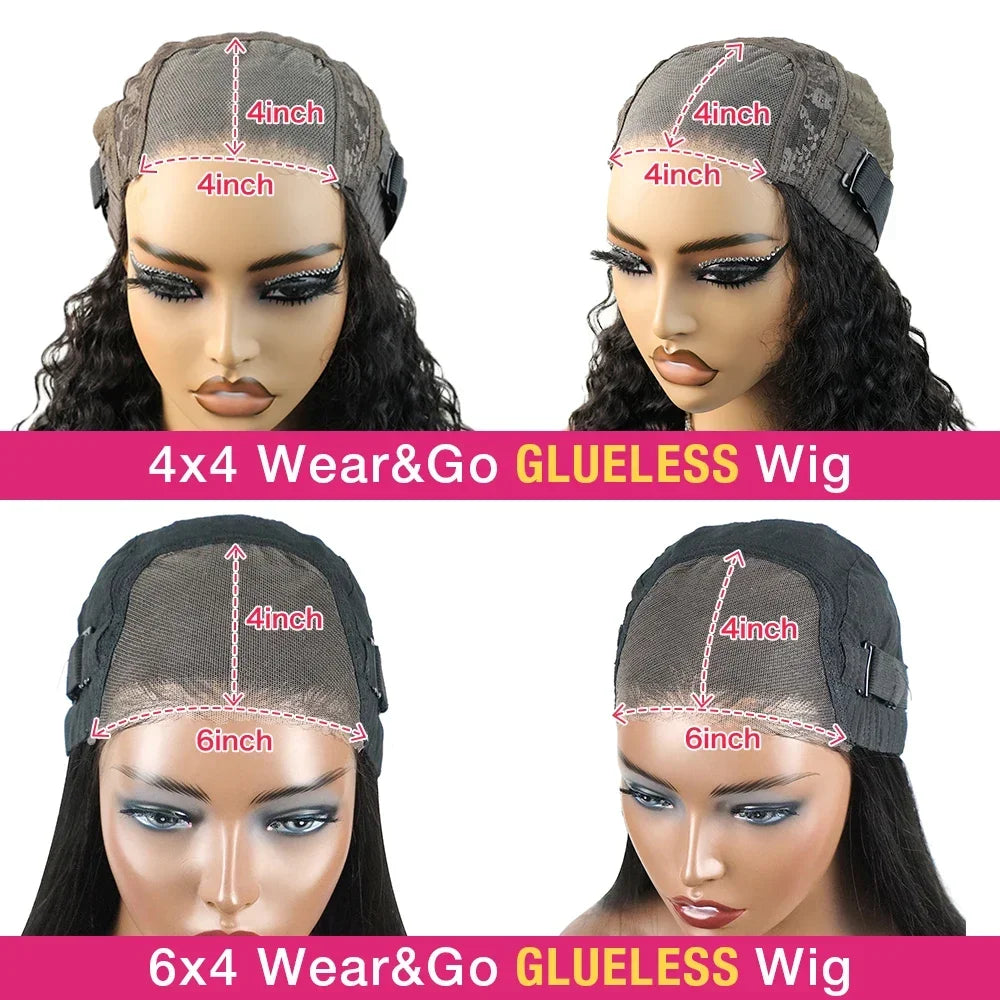 Wear And Go Water Wave Bob Lace Wig For Women. A Curly 6x4 Glueless Human Hair Wig and a  4x4 Ready To Go Human Hair Wigs  with Pre-Cut Lace Wig