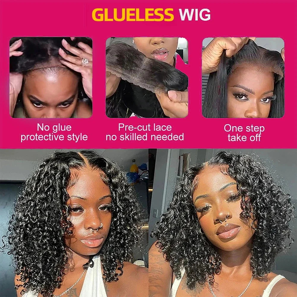 Wear And Go Water Wave Bob Lace Wig For Women. A Curly 6x4 Glueless Human Hair Wig and a  4x4 Ready To Go Human Hair Wigs  with Pre-Cut Lace Wig