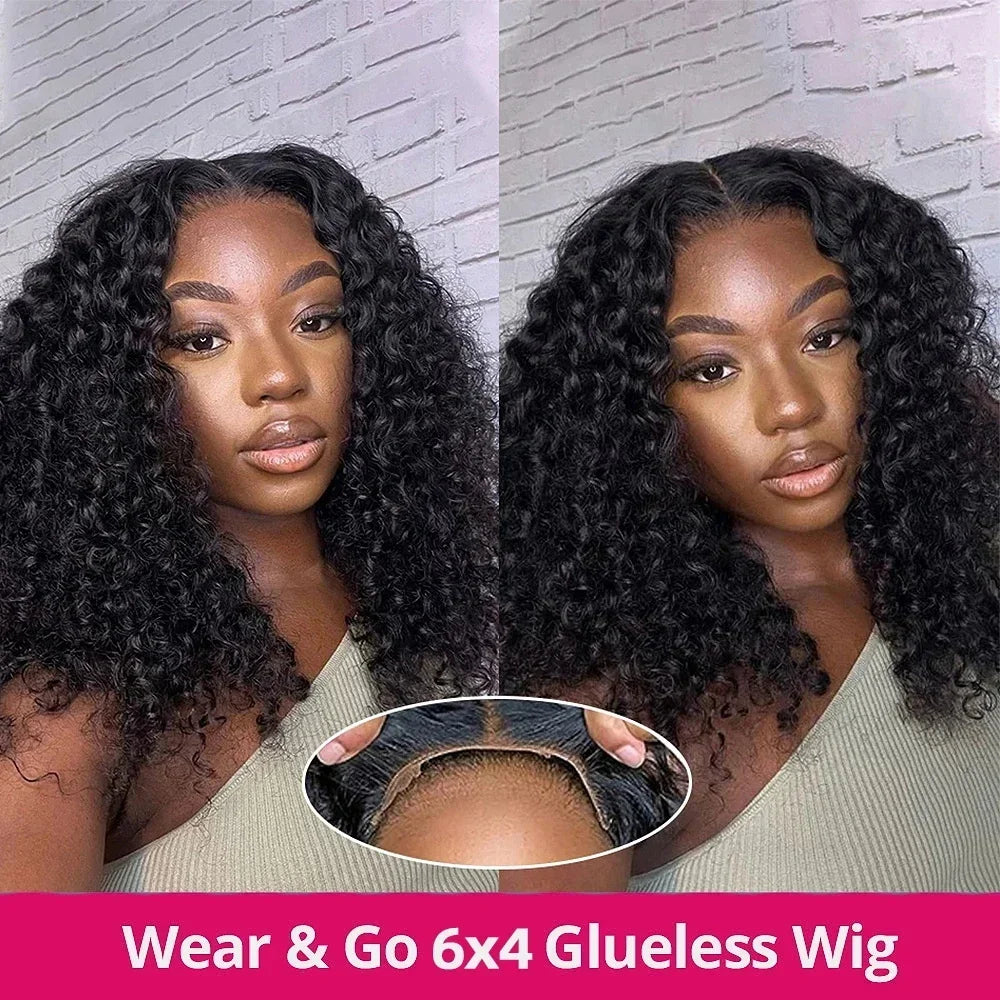 Wear And Go Water Wave Bob Lace Wig For Women. A Curly 6x4 Glueless Human Hair Wig and a  4x4 Ready To Go Human Hair Wigs  with Pre-Cut Lace Wig