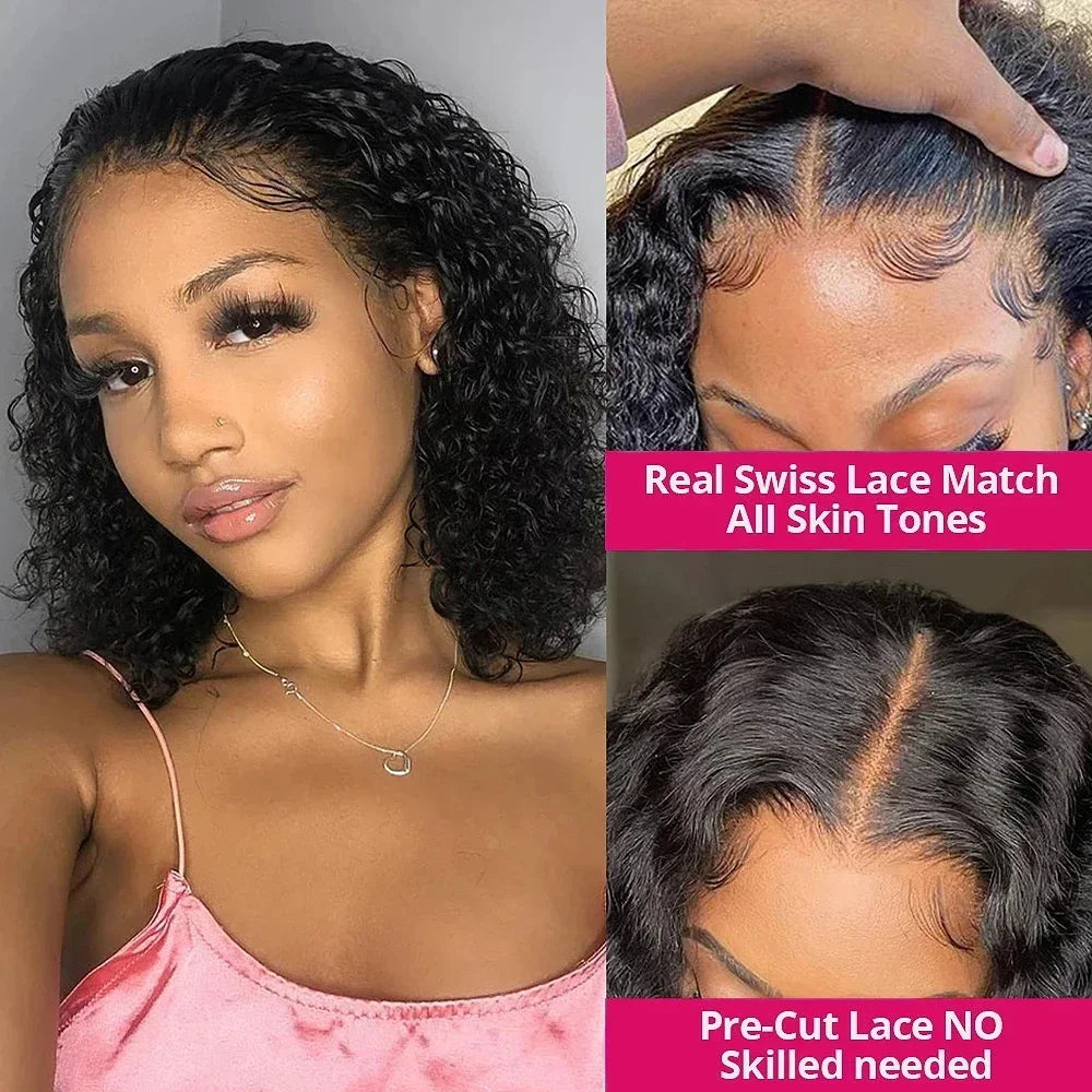 Wear And Go Water Wave Bob Lace Wig For Women. A Curly 6x4 Glueless Human Hair Wig and a  4x4 Ready To Go Human Hair Wigs  with Pre-Cut Lace Wig