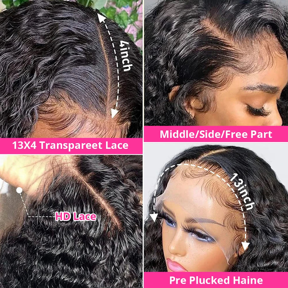 200 Density 30 38 Inch 13x6 Hd Lace Frontal Wig Deep Water Wave Human Hair  with a13x4 Curly Lace Front