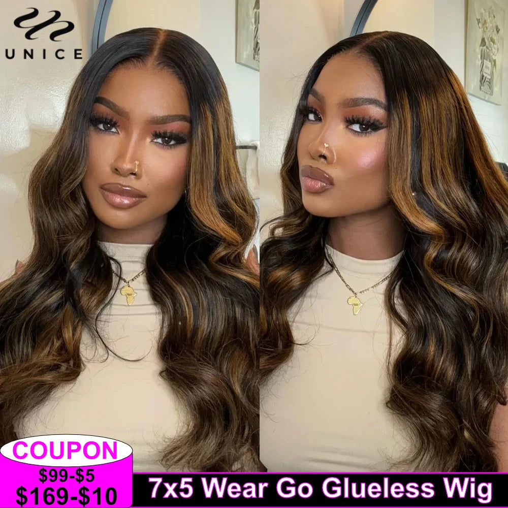 UNice Hair 7x5 Bye Bye Knots Wear & Go Glueless Wig - Brown Balayage Body Wave - Pre-Cut & Pre-Bleached Human Hair Lace Wig - 150% Density