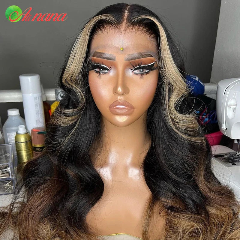 30" Ombre Brown Body Wave Human Hair Wig with 13x6 Lace Frontal and 5x5 Highlight Brown Transparent Lace Closure for Women